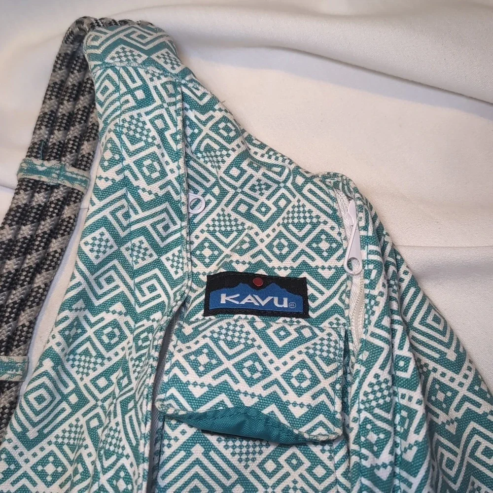 KAVU Original Rope Sling Bag Backpack Turquoise Green/Blue Aztec Tribal Print